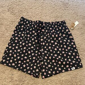 Floral Print Women's Drawstring Board Shorts - Black with Pink Flowers